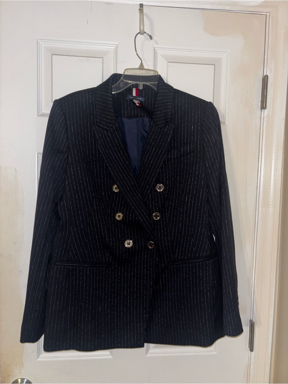 Tommy Hilfiger Navy Pinstripe Double-Breasted Blazer with Gold Buttons